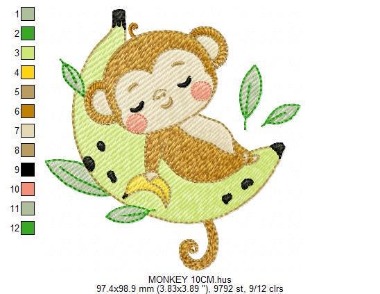 Sleeping Monkey embroidery designs - Animal Monkey with banana embroidery design machine embroidery pattern - Instant download pes jef dst