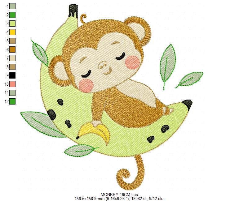 Sleeping Monkey embroidery designs - Animal Monkey with banana embroidery design machine embroidery pattern - Instant download pes jef dst