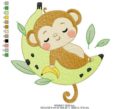 Sleeping Monkey embroidery designs - Animal Monkey with banana embroidery design machine embroidery pattern - Instant download pes jef dst