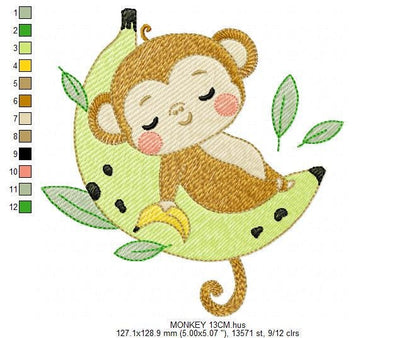 Sleeping Monkey embroidery designs - Animal Monkey with banana embroidery design machine embroidery pattern - Instant download pes jef dst