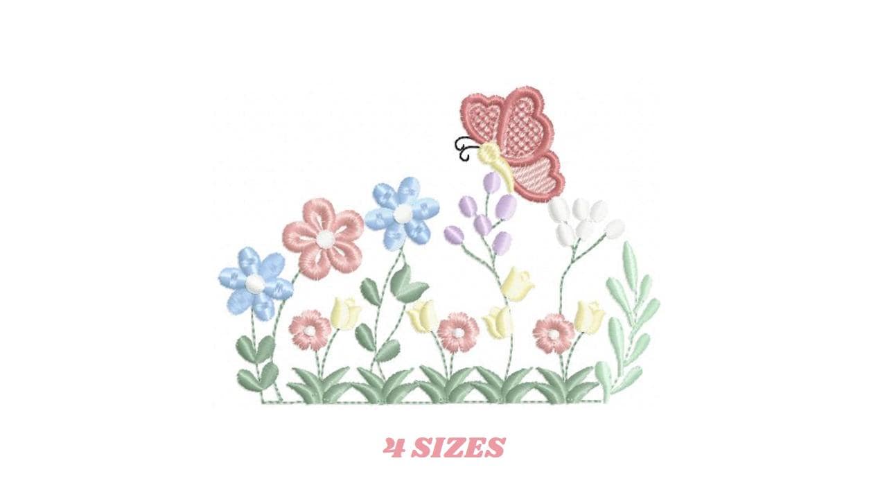 Flower garden embroidery designs - Roses with butterfly embroidery design machine embroidery pattern - Kitchen towel file - Instant download
