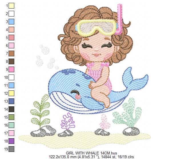 Whale embroidery designs - Diver Girl with snorkel design machine embroidery pattern - Ocean coral sea algae animal file - Instant download