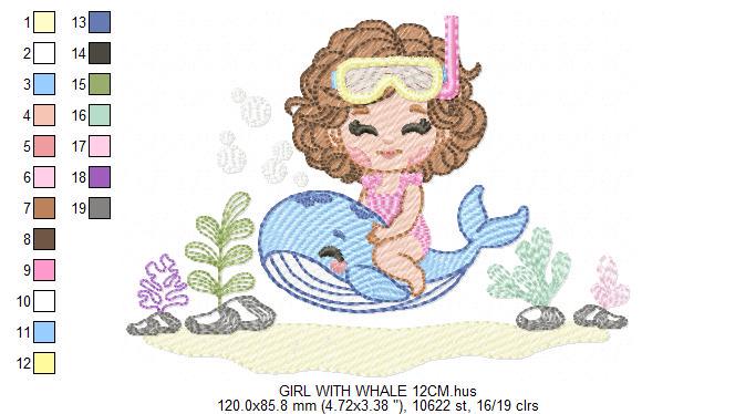 Whale embroidery designs - Diver Girl with snorkel design machine embroidery pattern - Ocean coral sea algae animal file - Instant download