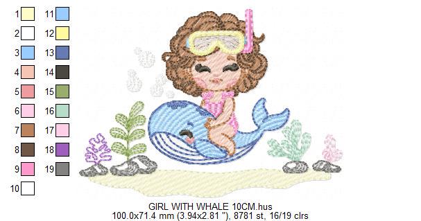 Whale embroidery designs - Diver Girl with snorkel design machine embroidery pattern - Ocean coral sea algae animal file - Instant download