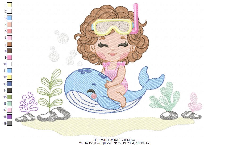 Whale embroidery designs - Diver Girl with snorkel design machine embroidery pattern - Ocean coral sea algae animal file - Instant download