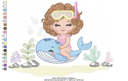 Whale embroidery designs - Diver Girl with snorkel design machine embroidery pattern - Ocean coral sea algae animal file - Instant download