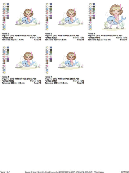 Whale embroidery designs - Diver Girl with snorkel design machine embroidery pattern - Ocean coral sea algae animal file - Instant download