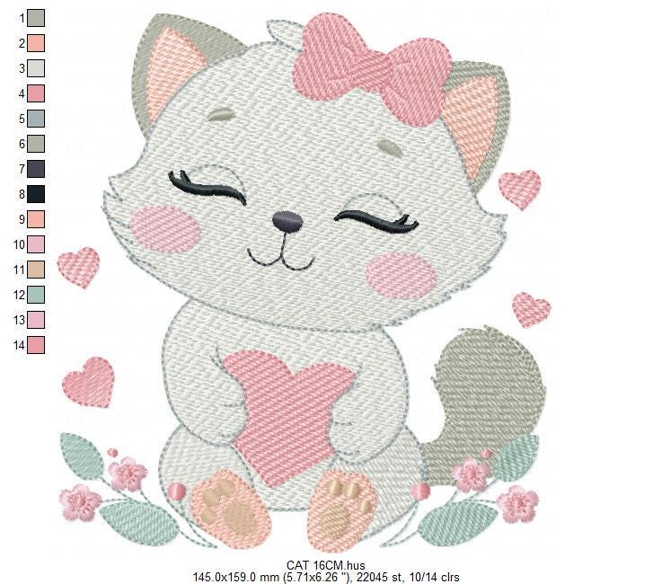 Cat with bow embroidery design - Female Kitty with heart embroidery designs machine embroidery pattern - Baby girl file - instant download