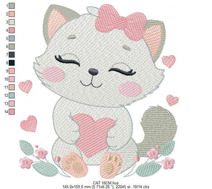 Cat with bow embroidery design - Female Kitty with heart embroidery designs machine embroidery pattern - Baby girl file - instant download