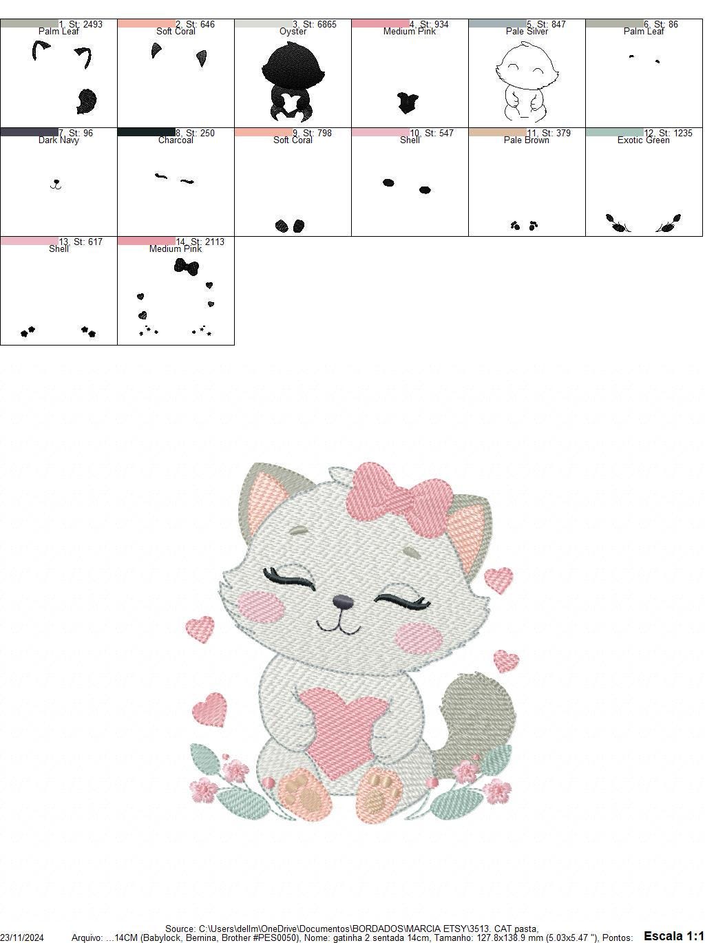 Cat with bow embroidery design - Female Kitty with heart embroidery designs machine embroidery pattern - Baby girl file - instant download