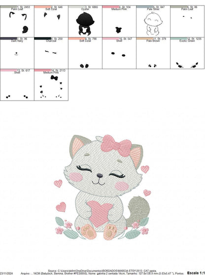 Cat with bow embroidery design - Female Kitty with heart embroidery designs machine embroidery pattern - Baby girl file - instant download