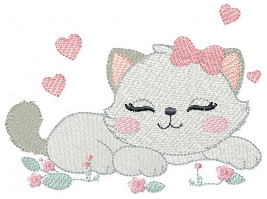 Sleeping Cat embroidery design - Kitty with bow and hearts machine embroidery pattern - Pet Baby girl file - Instant digital download pes jef