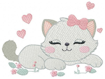 Sleeping Cat embroidery design - Kitty with bow and hearts machine embroidery pattern - Pet Baby girl file - Instant digital download pes jef