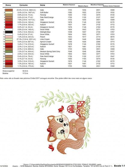 Female Squirrel with lace embroidery design - Woodland Animal with laurel frame and mushrooms machine embroidery pattern - Instant download