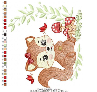 Female Squirrel with lace embroidery design - Woodland Animal with laurel frame and mushrooms machine embroidery pattern - Instant download