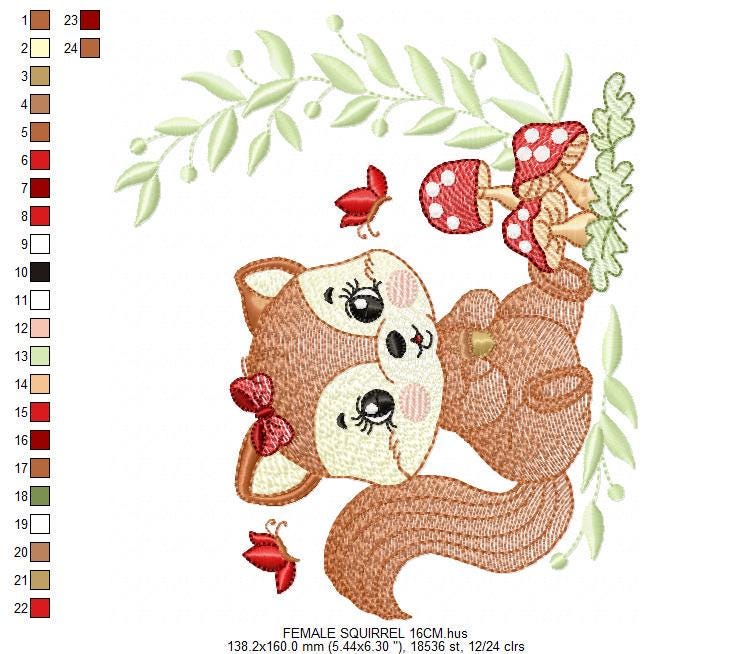 Female Squirrel with lace embroidery design - Woodland Animal with laurel frame and mushrooms machine embroidery pattern - Instant download