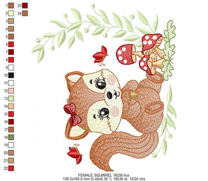 Female Squirrel with lace embroidery design - Woodland Animal with laurel frame and mushrooms machine embroidery pattern - Instant download