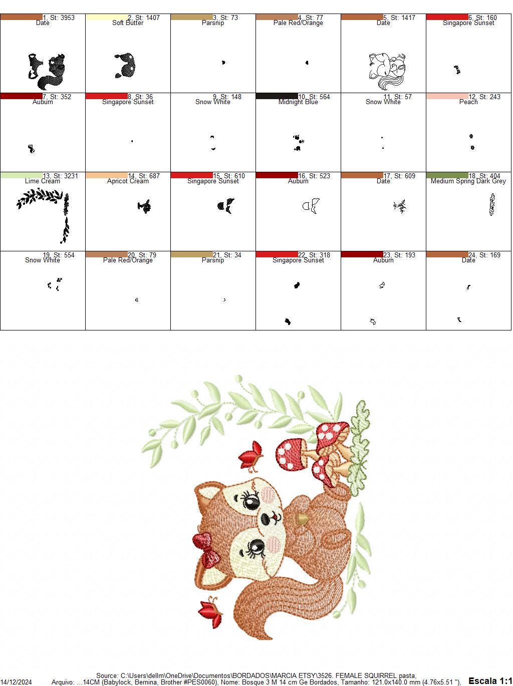 Female Squirrel with lace embroidery design - Woodland Animal with laurel frame and mushrooms machine embroidery pattern - Instant download