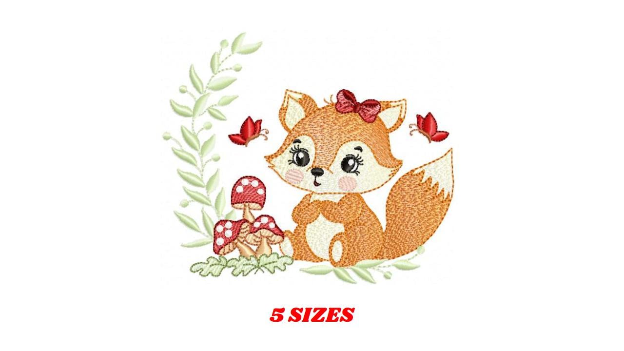 Female Red Fox with lace and mushrooms embroidery designs - Woodland animal machine pattern - Fox with laurel frame - Instant download pes