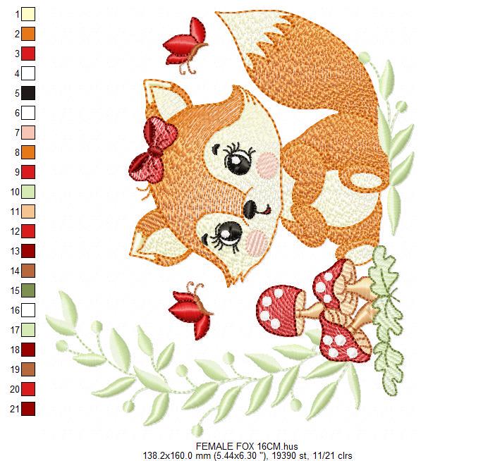 Female Red Fox with lace and mushrooms embroidery designs - Woodland animal machine pattern - Fox with laurel frame - Instant download pes