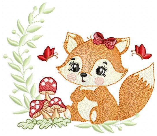 Female Red Fox with lace and mushrooms embroidery designs - Woodland animal machine pattern - Fox with laurel frame - Instant download pes
