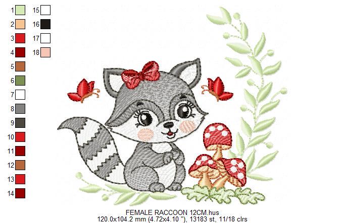 Female Raccoon with mushrooms embroidery designs - Woodland animal machine embroidery pattern - Baby girl embroidery - Instant download pes