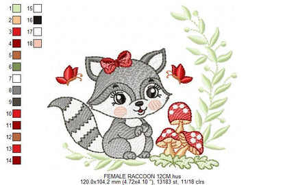 Female Raccoon with mushrooms embroidery designs - Woodland animal machine embroidery pattern - Baby girl embroidery - Instant download pes