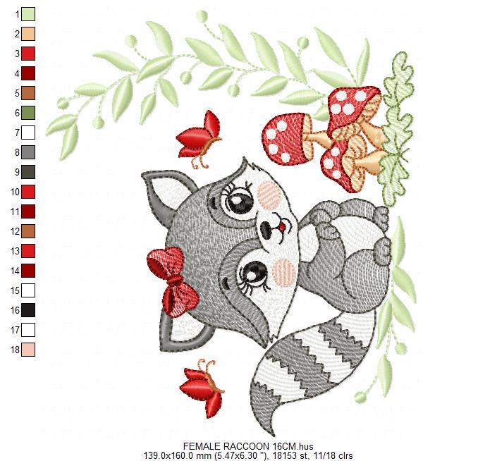 Female Raccoon with mushrooms embroidery designs - Woodland animal machine embroidery pattern - Baby girl embroidery - Instant download pes