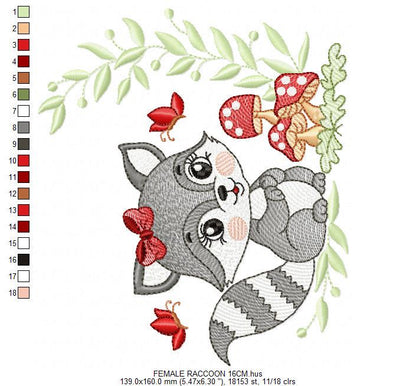Female Raccoon with mushrooms embroidery designs - Woodland animal machine embroidery pattern - Baby girl embroidery - Instant download pes