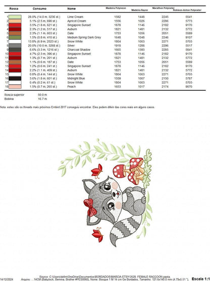 Female Raccoon with mushrooms embroidery designs - Woodland animal machine embroidery pattern - Baby girl embroidery - Instant download pes