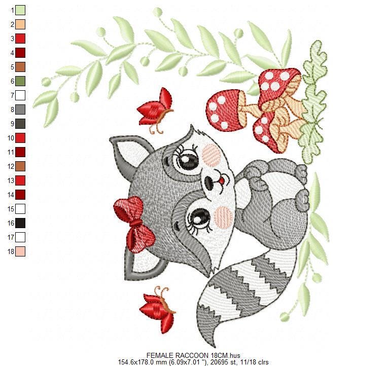 Female Raccoon with mushrooms embroidery designs - Woodland animal machine embroidery pattern - Baby girl embroidery - Instant download pes