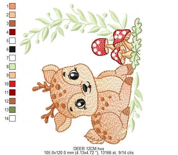 Deer with mushrooms embroidery design - Stag Fawn Forest Animal with laurel frame machine embroidery pattern - Instant download pes jef dst