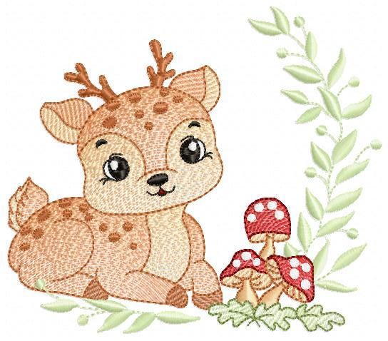 Deer with mushrooms embroidery design - Stag Fawn Forest Animal with laurel frame machine embroidery pattern - Instant download pes jef dst