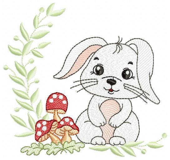 Male Bunny embroidery design - Rabbit with mushrooms with laurel frame machine embroidery pattern - Woodland animal file - instant download
