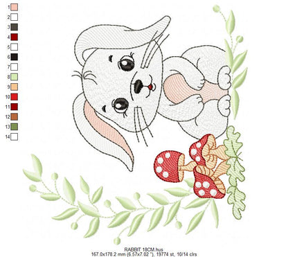 Male Bunny embroidery design - Rabbit with mushrooms with laurel frame machine embroidery pattern - Woodland animal file - instant download