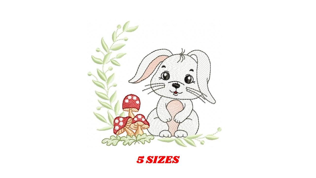 Male Bunny embroidery design - Rabbit with mushrooms with laurel frame machine embroidery pattern - Woodland animal file - instant download