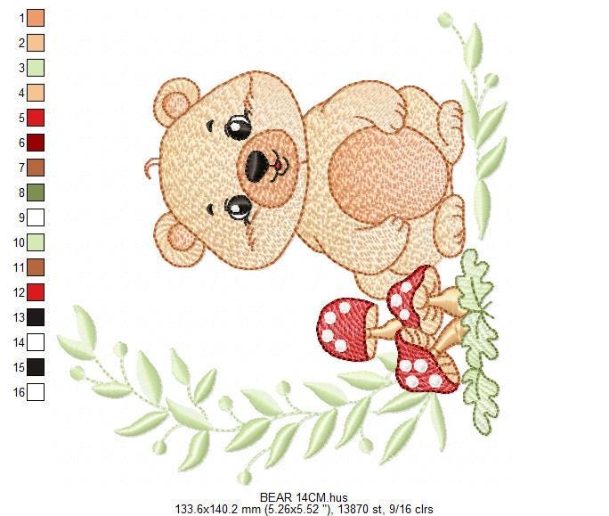 Female Brown Bear embroidery designs - Woodland Wild Animal machine embroidery pattern - Bear with mushrooms file - Instant download pes jef