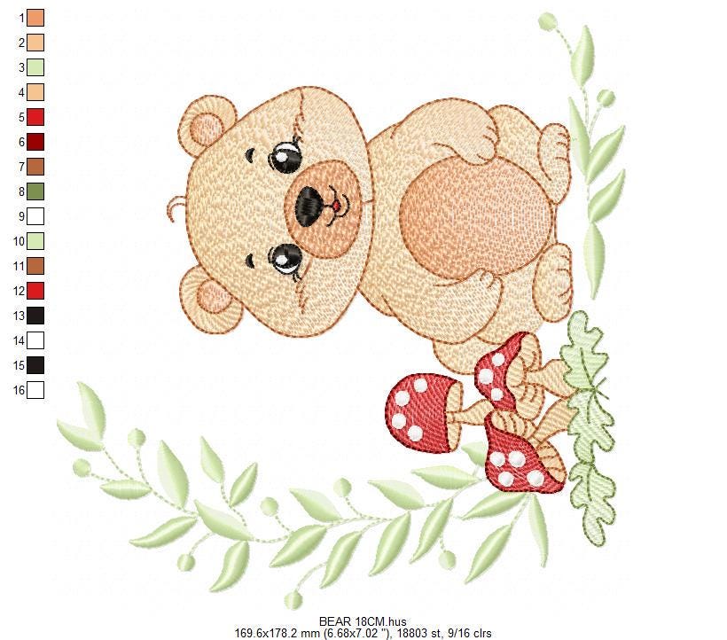 Female Brown Bear embroidery designs - Woodland Wild Animal machine embroidery pattern - Bear with mushrooms file - Instant download pes jef