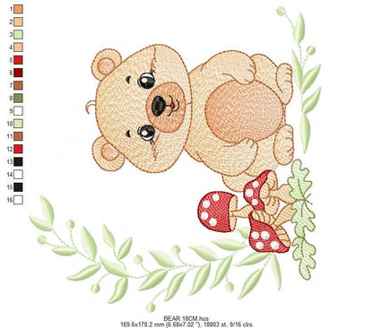 Female Brown Bear embroidery designs - Woodland Wild Animal machine embroidery pattern - Bear with mushrooms file - Instant download pes jef