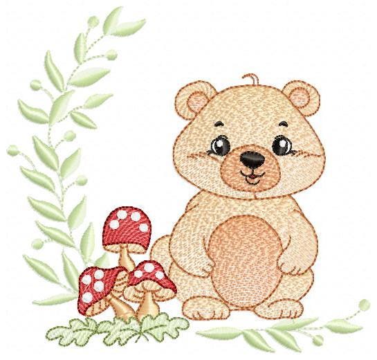 Female Brown Bear embroidery designs - Woodland Wild Animal machine embroidery pattern - Bear with mushrooms file - Instant download pes jef