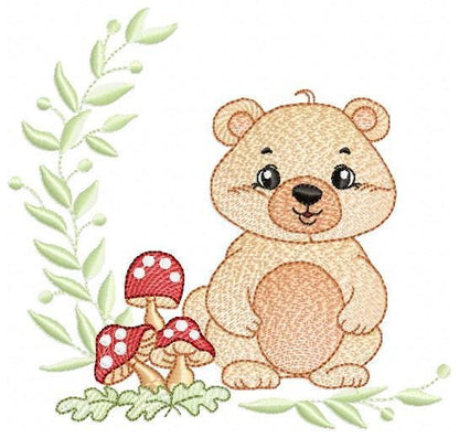 Female Brown Bear embroidery designs - Woodland Wild Animal machine embroidery pattern - Bear with mushrooms file - Instant download pes jef