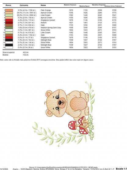 Female Brown Bear embroidery designs - Woodland Wild Animal machine embroidery pattern - Bear with mushrooms file - Instant download pes jef