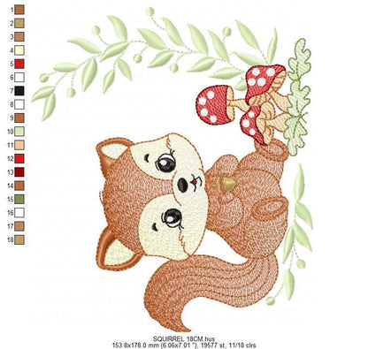 Male Squirrel embroidery design - Woodland wild Animal machine embroidery pattern - Squirrel with mushrooms laurel frame - Instant download