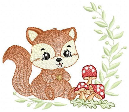 Male Squirrel embroidery design - Woodland wild Animal machine embroidery pattern - Squirrel with mushrooms laurel frame - Instant download
