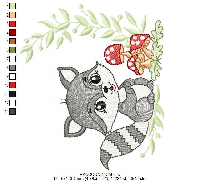 Male Raccoon embroidery designs - Baby boy Woodland animal Ringtail with laurel and mushrooms machine embroidery pattern - Instant download