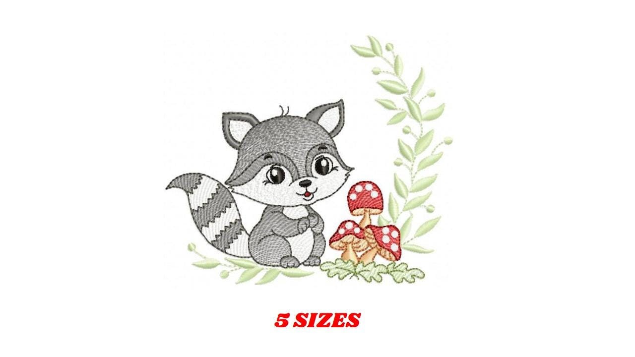 Male Raccoon embroidery designs - Baby boy Woodland animal Ringtail with laurel and mushrooms machine embroidery pattern - Instant download