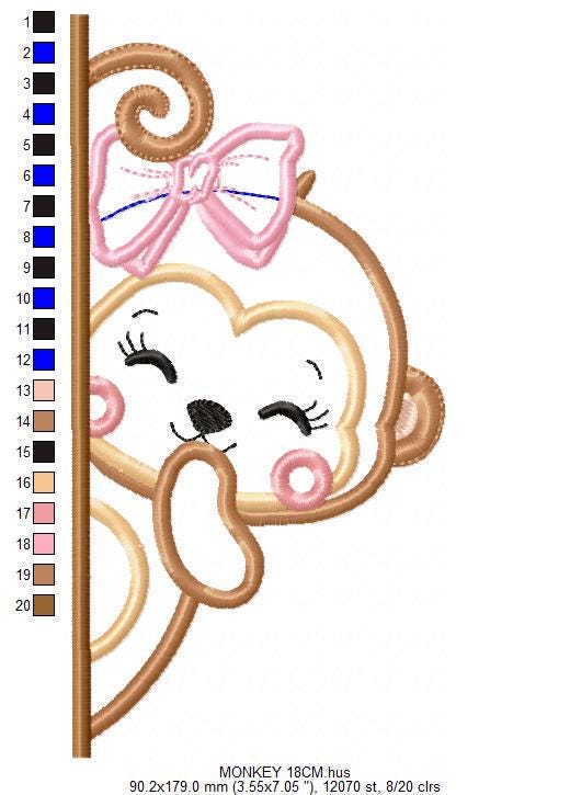 Female Monkey with lace embroidery designs - Peek a boo safari animal split machine embroidery pattern - Monkey applique - Instant download
