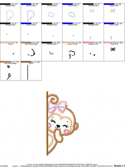 Female Monkey with lace embroidery designs - Peek a boo safari animal split machine embroidery pattern - Monkey applique - Instant download