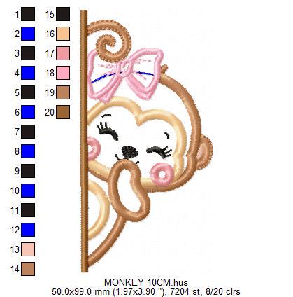 Female Monkey with lace embroidery designs - Peek a boo safari animal split machine embroidery pattern - Monkey applique - Instant download