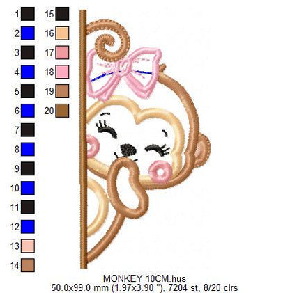 Female Monkey with lace embroidery designs - Peek a boo safari animal split machine embroidery pattern - Monkey applique - Instant download